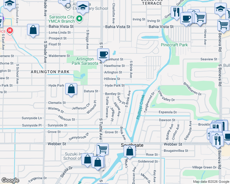 map of restaurants, bars, coffee shops, grocery stores, and more near 2908 B Hyde Park Street in Sarasota