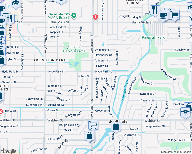 map of restaurants, bars, coffee shops, grocery stores, and more near 2814 Hyde Park Street in Sarasota