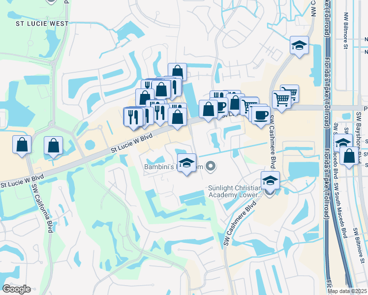 map of restaurants, bars, coffee shops, grocery stores, and more near 291 Southwest Palm Drive in Port St. Lucie