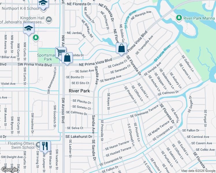 map of restaurants, bars, coffee shops, grocery stores, and more near 229 Southeast Verada Avenue in Port St. Lucie
