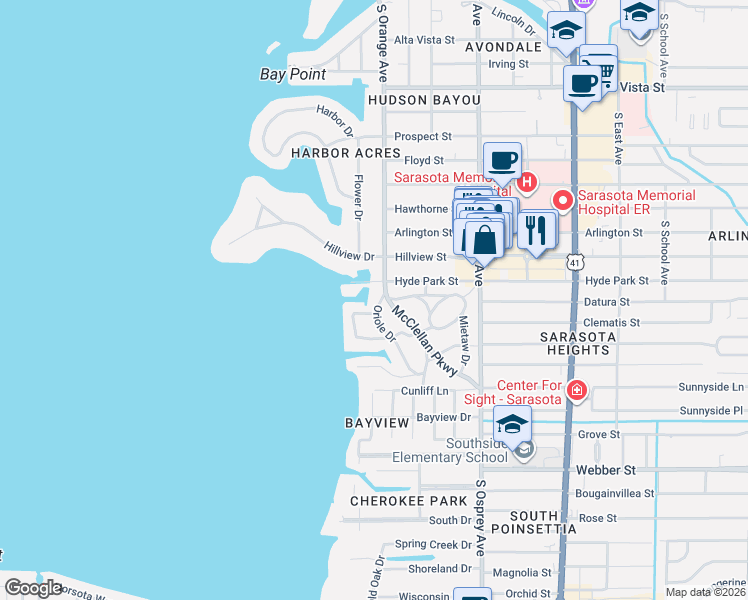 map of restaurants, bars, coffee shops, grocery stores, and more near 2040 Oriole Drive in Sarasota
