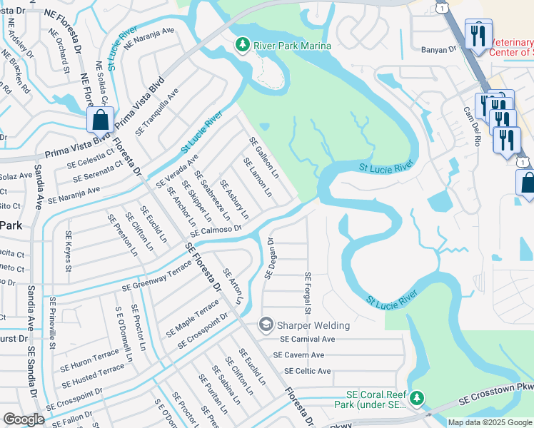 map of restaurants, bars, coffee shops, grocery stores, and more near 691 Southeast Calmoso Drive in Port St. Lucie