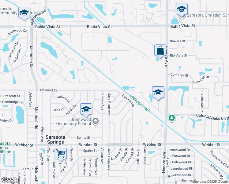 map of restaurants, bars, coffee shops, grocery stores, and more near 4930 Linwood Street in Sarasota