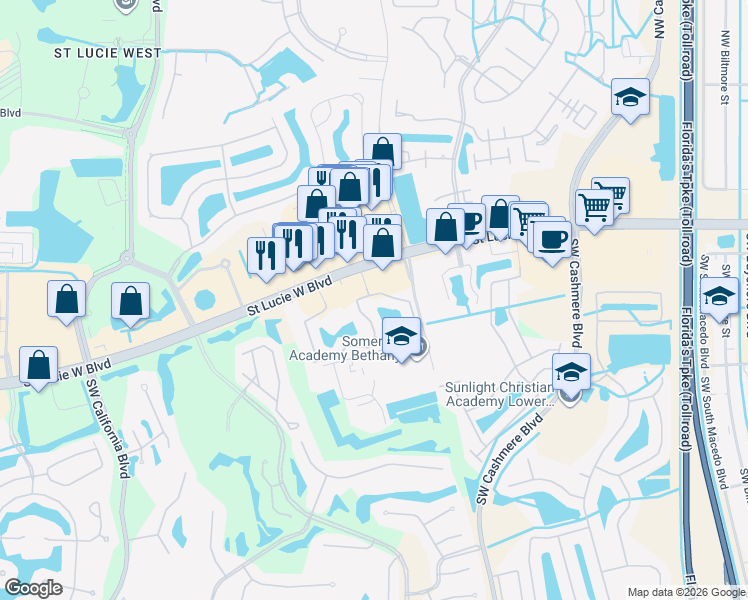 map of restaurants, bars, coffee shops, grocery stores, and more near 301 Southwest Palm Drive in Port St. Lucie