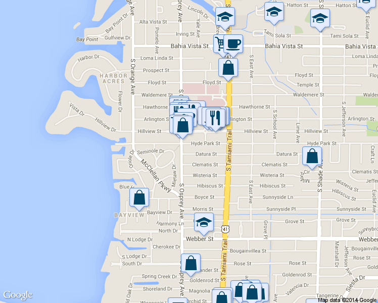 map of restaurants, bars, coffee shops, grocery stores, and more near 1833 Datura Street in Sarasota