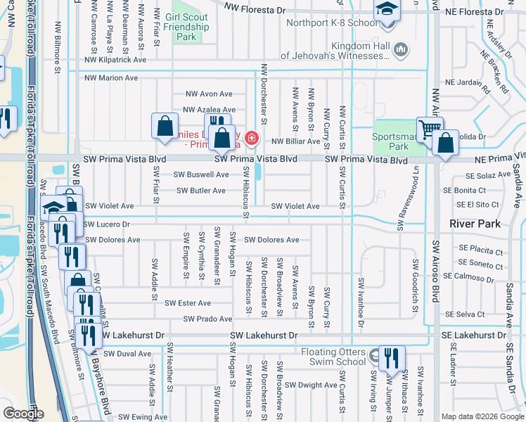 map of restaurants, bars, coffee shops, grocery stores, and more near 426 Southwest Violet Avenue in Port St. Lucie