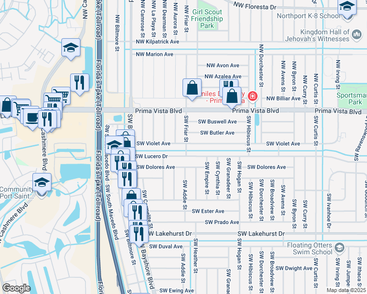 map of restaurants, bars, coffee shops, grocery stores, and more near 602 Southwest Violet Avenue in Port St. Lucie