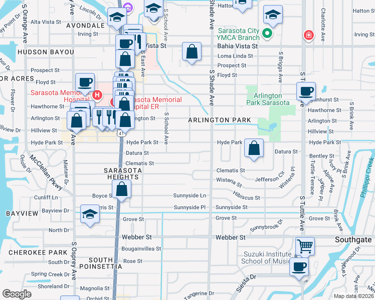 map of restaurants, bars, coffee shops, grocery stores, and more near 2285 Datura Street in Sarasota