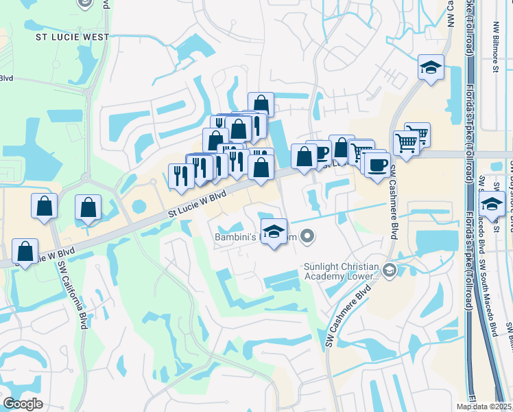 map of restaurants, bars, coffee shops, grocery stores, and more near 301 Southwest Palm Drive in Port St. Lucie