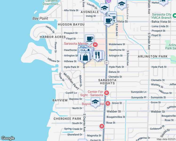 map of restaurants, bars, coffee shops, grocery stores, and more near 1833 Datura Street in Sarasota