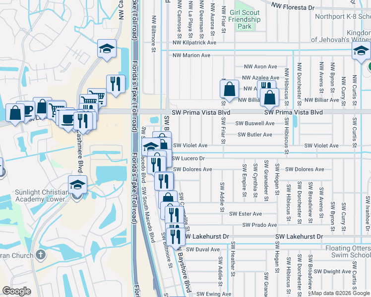 map of restaurants, bars, coffee shops, grocery stores, and more near 674 Southwest Violet Avenue in Port St. Lucie