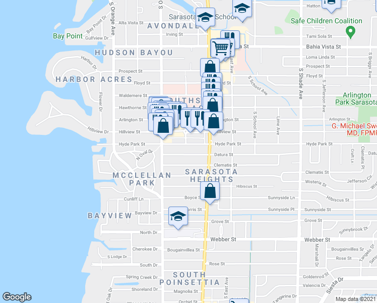 map of restaurants, bars, coffee shops, grocery stores, and more near 1913 Datura Street in Sarasota