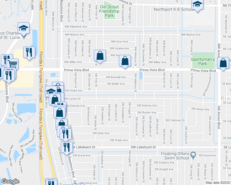 map of restaurants, bars, coffee shops, grocery stores, and more near 542 Southwest Violet Avenue in Port St. Lucie