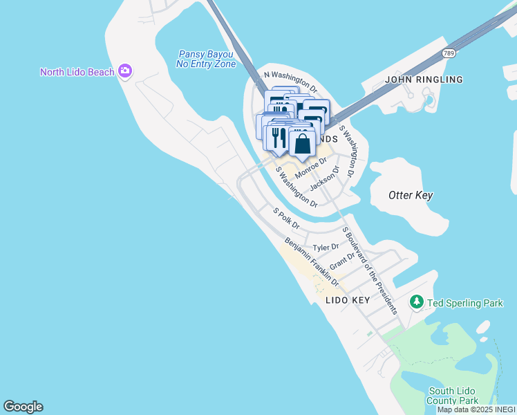 map of restaurants, bars, coffee shops, grocery stores, and more near 151 Benjamin Franklin Drive in Sarasota