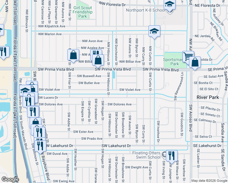 map of restaurants, bars, coffee shops, grocery stores, and more near 474 Southwest Violet Avenue in Port St. Lucie