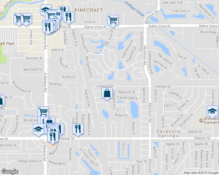 map of restaurants, bars, coffee shops, grocery stores, and more near 4004 Linwood Street in Sarasota