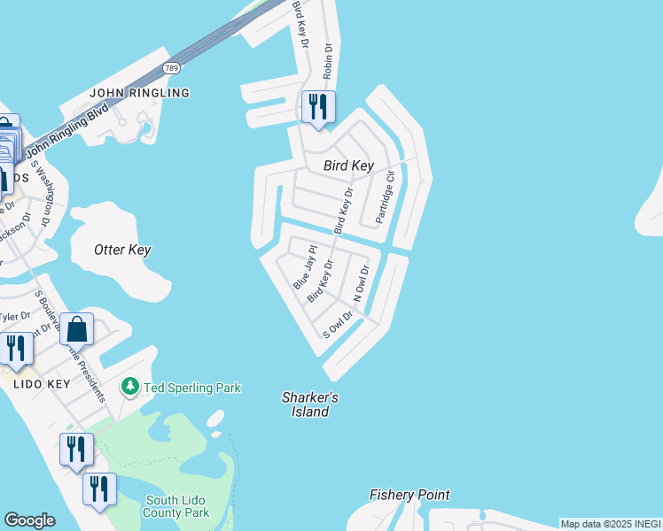 map of restaurants, bars, coffee shops, grocery stores, and more near 523 Bird Key Drive in Sarasota