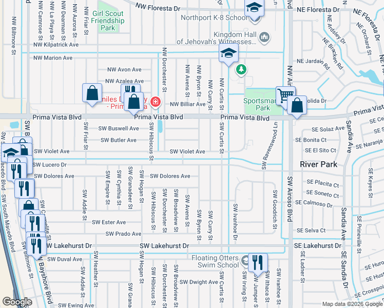 map of restaurants, bars, coffee shops, grocery stores, and more near 382 Southwest Violet Avenue in Port St. Lucie