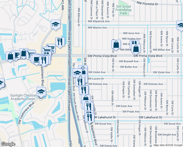 map of restaurants, bars, coffee shops, grocery stores, and more near 674 Southwest Violet Avenue in Port St. Lucie
