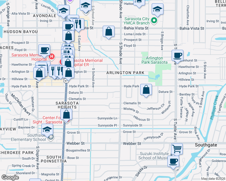 map of restaurants, bars, coffee shops, grocery stores, and more near 2375 Datura Street in Sarasota