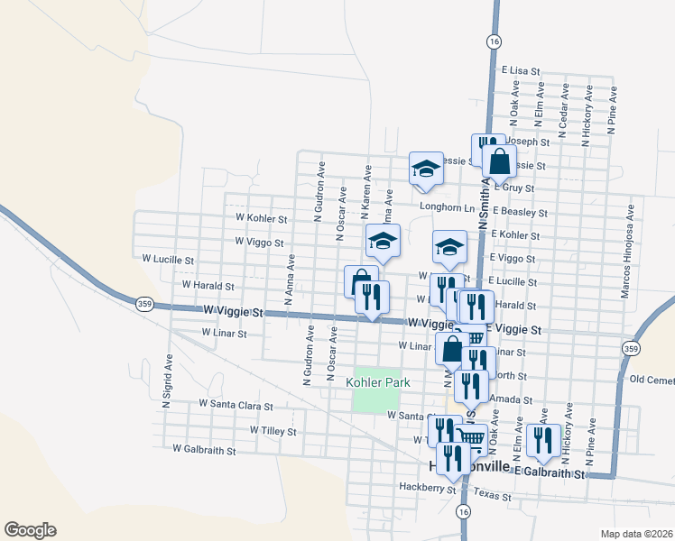 map of restaurants, bars, coffee shops, grocery stores, and more near 700 West Lucille Street in Hebbronville