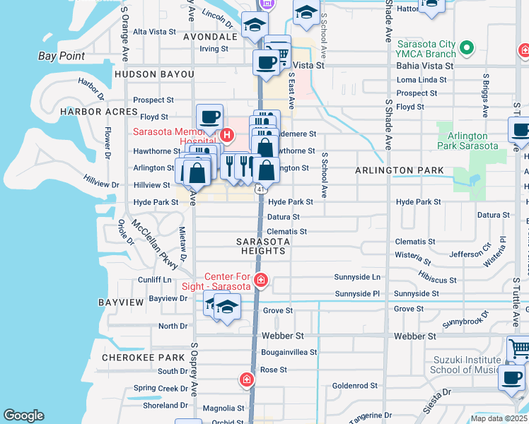 map of restaurants, bars, coffee shops, grocery stores, and more near 2075 South Tamiami Trail in Sarasota