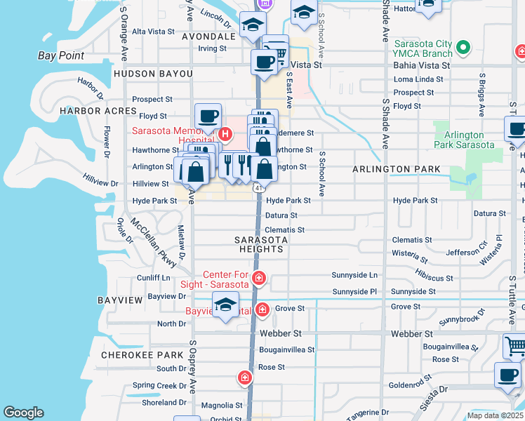 map of restaurants, bars, coffee shops, grocery stores, and more near 2075 South Tamiami Trail in Sarasota