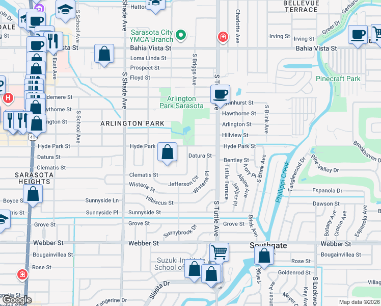 map of restaurants, bars, coffee shops, grocery stores, and more near 2651 Datura Street in Sarasota