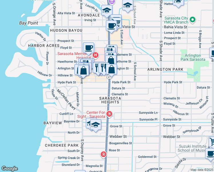 map of restaurants, bars, coffee shops, grocery stores, and more near 2020 South Tamiami Trail in Sarasota