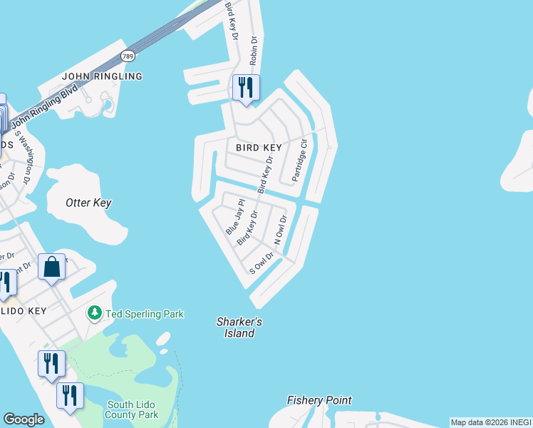 map of restaurants, bars, coffee shops, grocery stores, and more near 523 Bird Key Drive in Sarasota