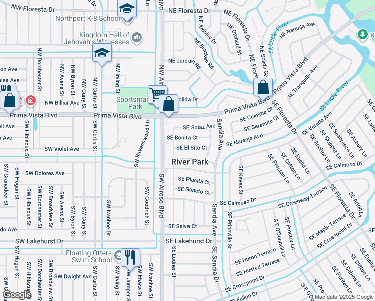 map of restaurants, bars, coffee shops, grocery stores, and more near 150 Southeast El Sito Court in Port St. Lucie