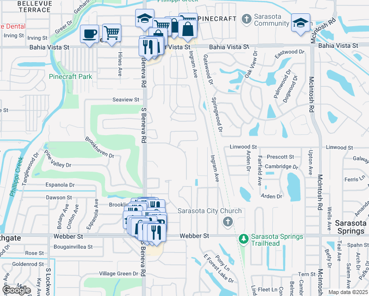 map of restaurants, bars, coffee shops, grocery stores, and more near 2039 Riviera Drive in Sarasota
