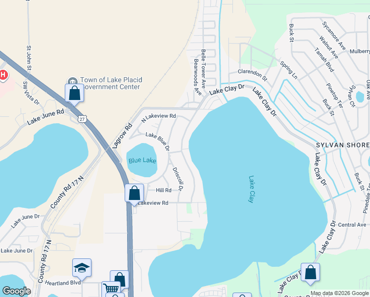 map of restaurants, bars, coffee shops, grocery stores, and more near 1300 Lake Clay Drive in Lake Placid