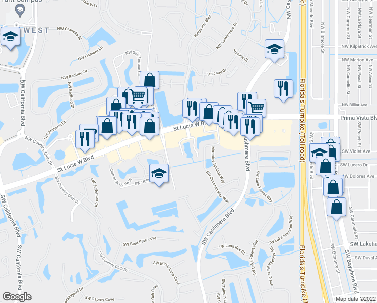 map of restaurants, bars, coffee shops, grocery stores, and more near 1145 Swan Lake Circle in Port St. Lucie