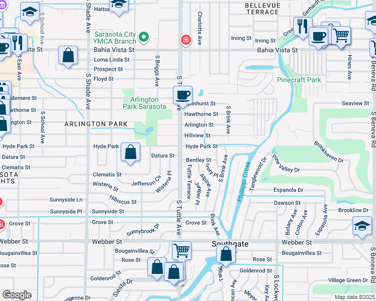 map of restaurants, bars, coffee shops, grocery stores, and more near 2814 Hyde Park Street in Sarasota