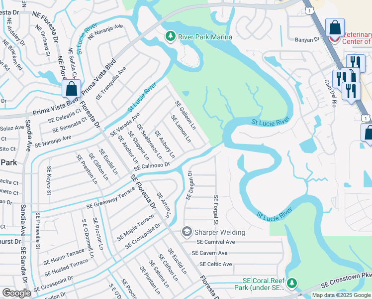 map of restaurants, bars, coffee shops, grocery stores, and more near 691 Southeast Calmoso Drive in Port St. Lucie