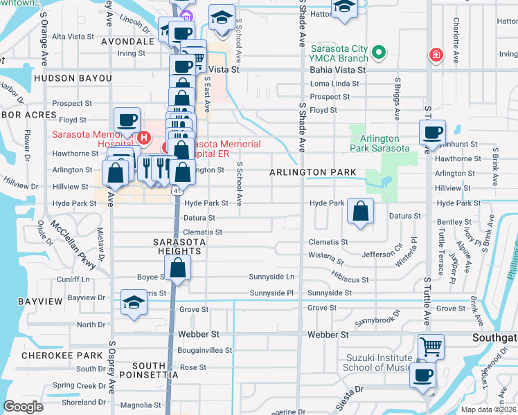 map of restaurants, bars, coffee shops, grocery stores, and more near 2285 Datura Street in Sarasota
