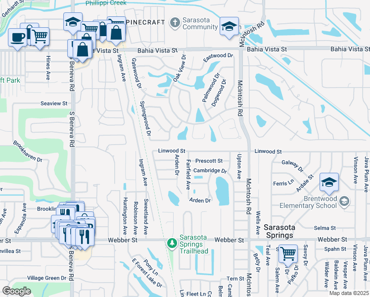 map of restaurants, bars, coffee shops, grocery stores, and more near 4017 Linwood Street in Sarasota
