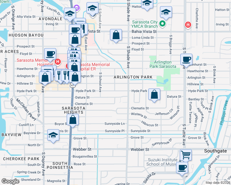 map of restaurants, bars, coffee shops, grocery stores, and more near 2285 Datura Street in Sarasota