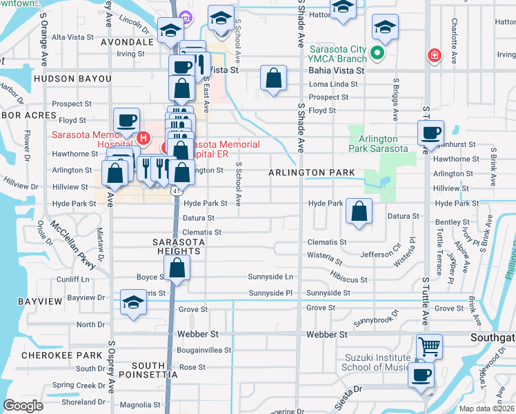 map of restaurants, bars, coffee shops, grocery stores, and more near 2285 Datura Street in Sarasota