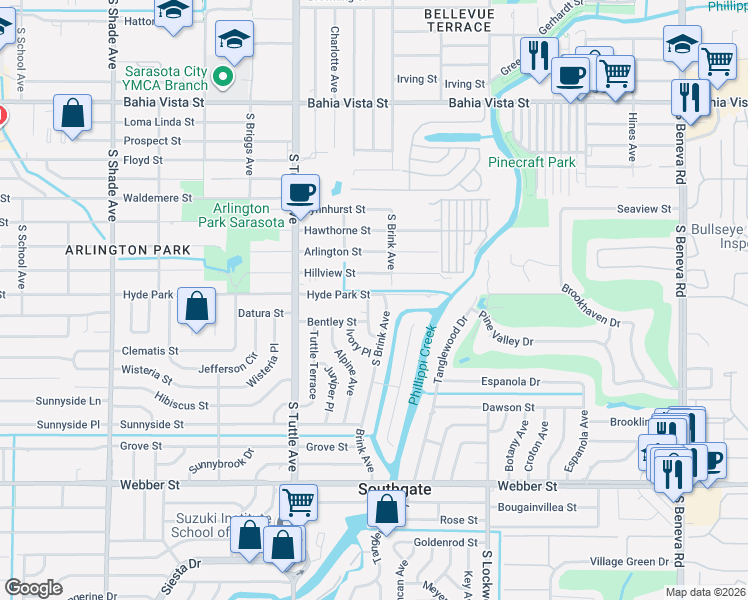 map of restaurants, bars, coffee shops, grocery stores, and more near 2012 South Brink Avenue in Sarasota