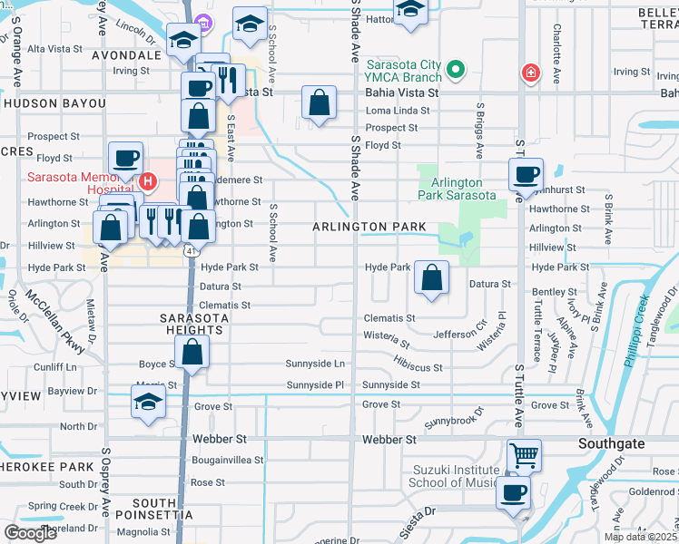 map of restaurants, bars, coffee shops, grocery stores, and more near 2350 Hyde Park Street in Sarasota