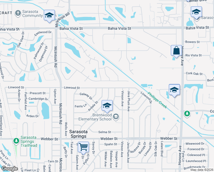 map of restaurants, bars, coffee shops, grocery stores, and more near 4634 Linwood Street in Sarasota
