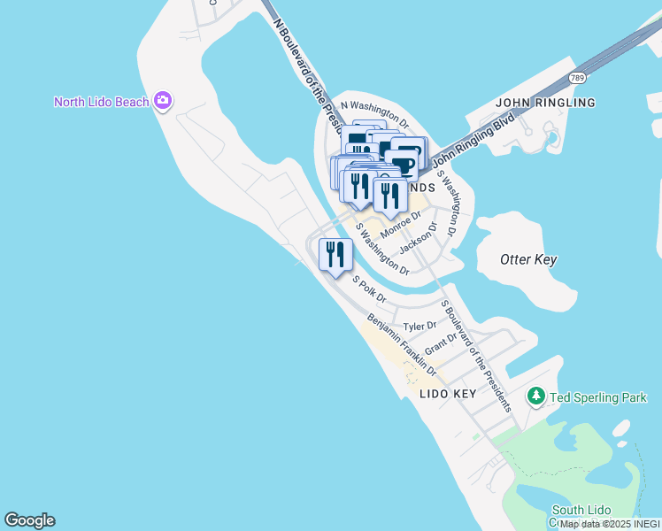 map of restaurants, bars, coffee shops, grocery stores, and more near 151 Benjamin Franklin Drive in Sarasota