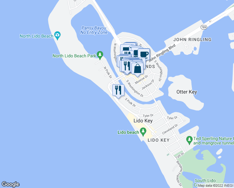 map of restaurants, bars, coffee shops, grocery stores, and more near 151 Benjamin Franklin Drive in Sarasota