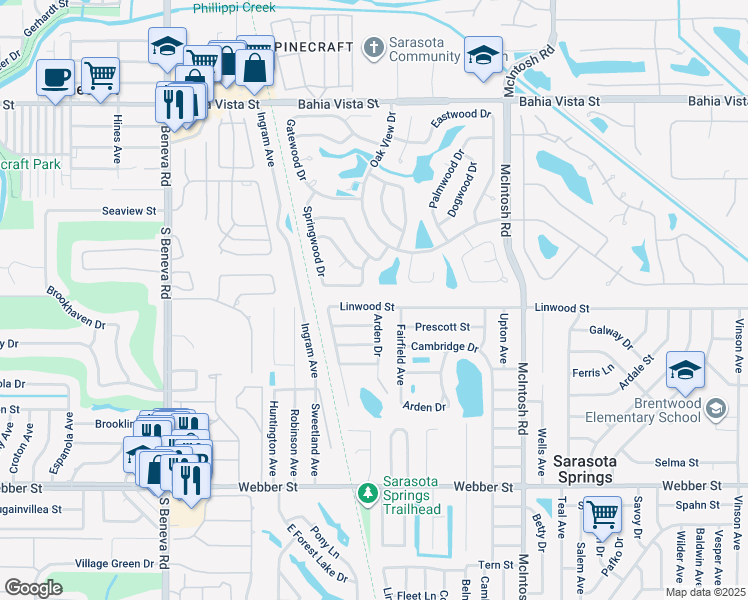 map of restaurants, bars, coffee shops, grocery stores, and more near 4004 Linwood Street in Sarasota