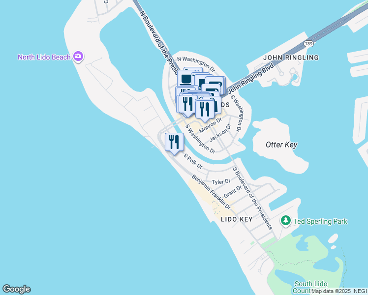 map of restaurants, bars, coffee shops, grocery stores, and more near 239 South Polk Drive in Sarasota