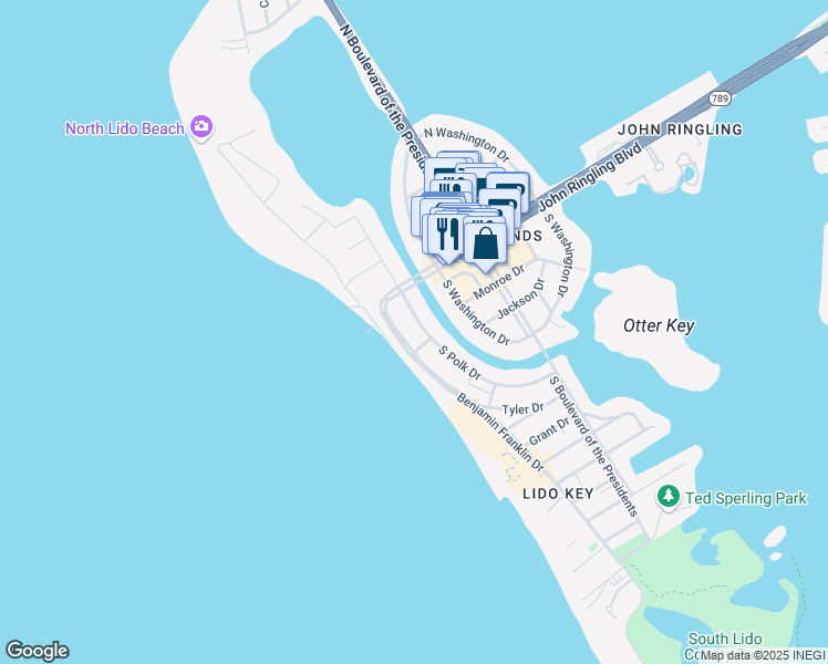 map of restaurants, bars, coffee shops, grocery stores, and more near 151 Benjamin Franklin Drive in Sarasota