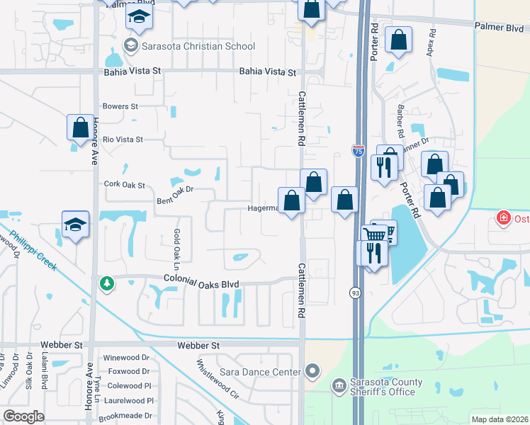 map of restaurants, bars, coffee shops, grocery stores, and more near 2003 Old Arbor Court in Sarasota