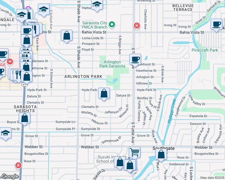map of restaurants, bars, coffee shops, grocery stores, and more near 2651 Datura Street in Sarasota